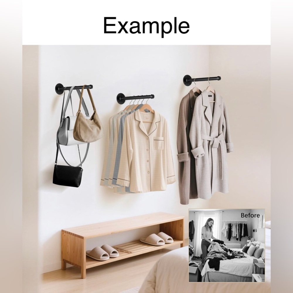Wall-Mounted Black Closet Hook Rail for Bags & Coats